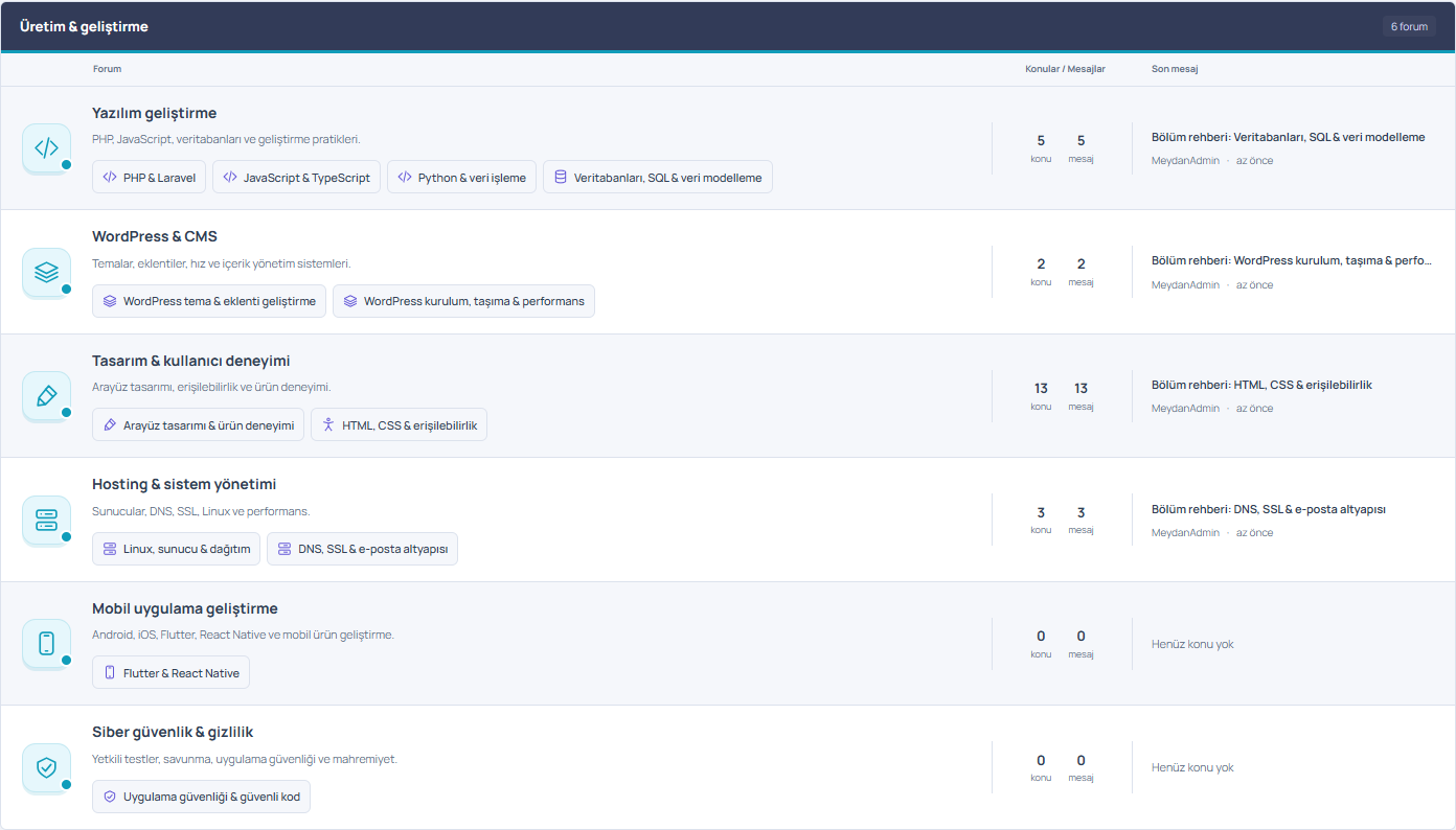 İç içe forumlar, konu grupları ve kategori düzeni.